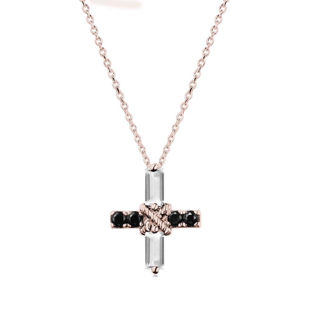 Baguette White Topaz and Black Spinel Green Cross Necklace - LUO Jewelry #metal_14k rose gold
