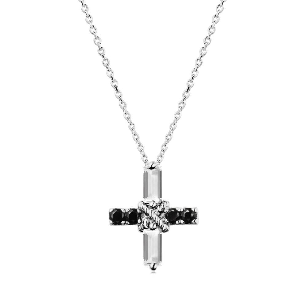 Baguette White Topaz and Black Spinel Green Cross Necklace - LUO Jewelry #metal_14k white gold