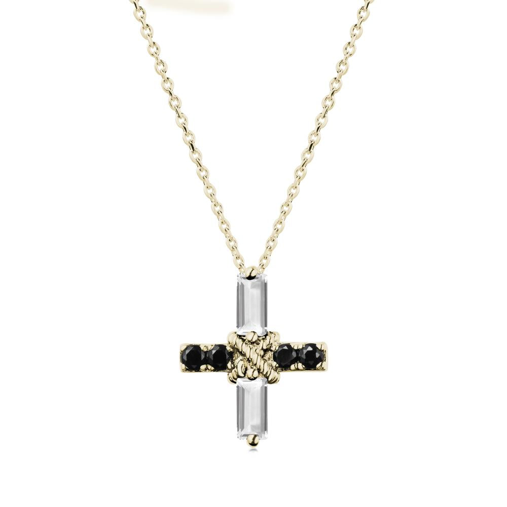 Baguette White Topaz and Black Spinel Green Cross Necklace - LUO Jewelry #metal_14k yellow gold