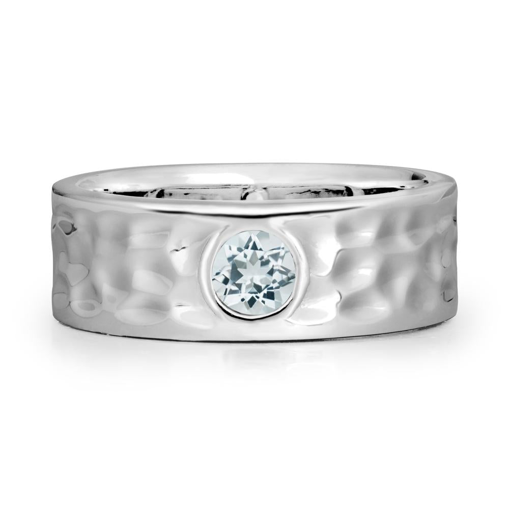 Round Aquamarine Ring In Hammered Wide Band - LUO Jewelry #metal_18k white gold