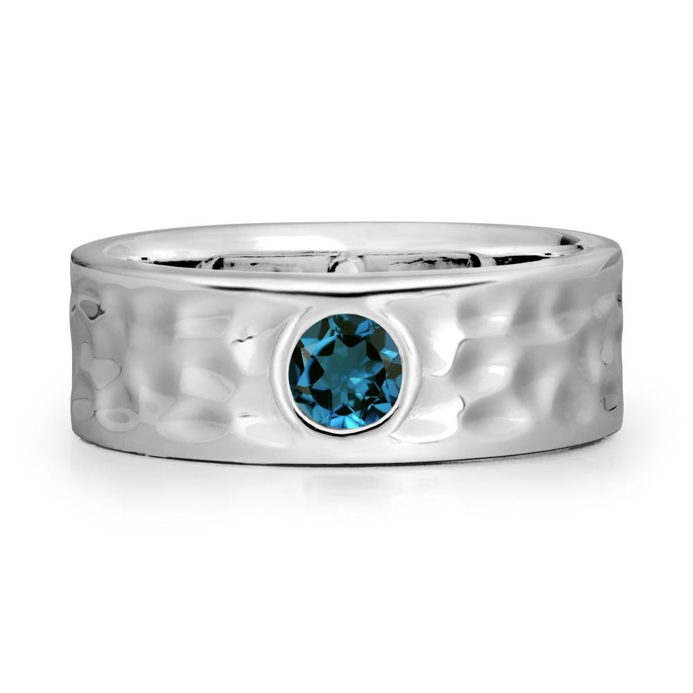 Rustic Hammered Wide Band London Blue Topaz Ring - LUO Jewelry #metal_14k white gold