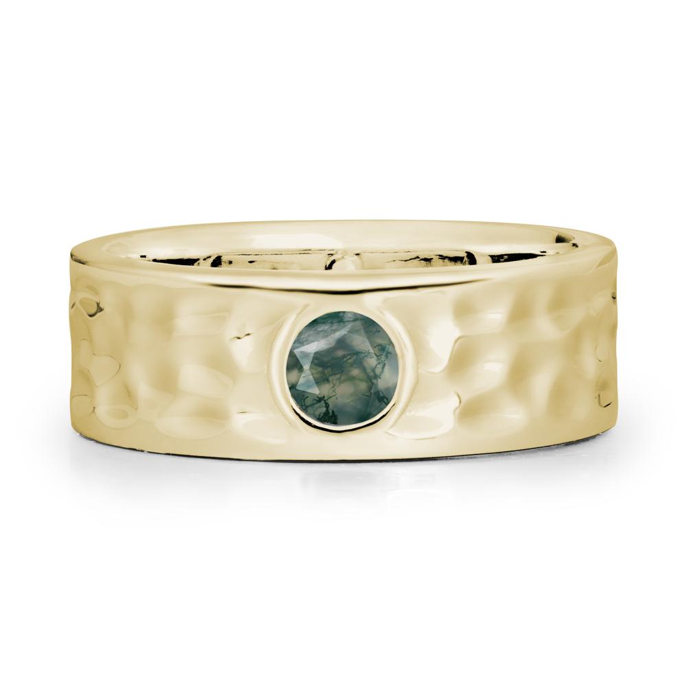Round Moss Agate Ring In Hammered Wide Band - LUO Jewelry #metal_14k yellow gold