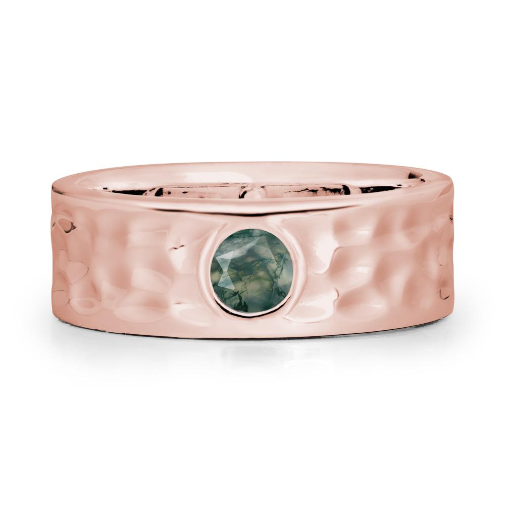 Round Moss Agate Ring In Hammered Wide Band - LUO Jewelry #metal_18k rose gold