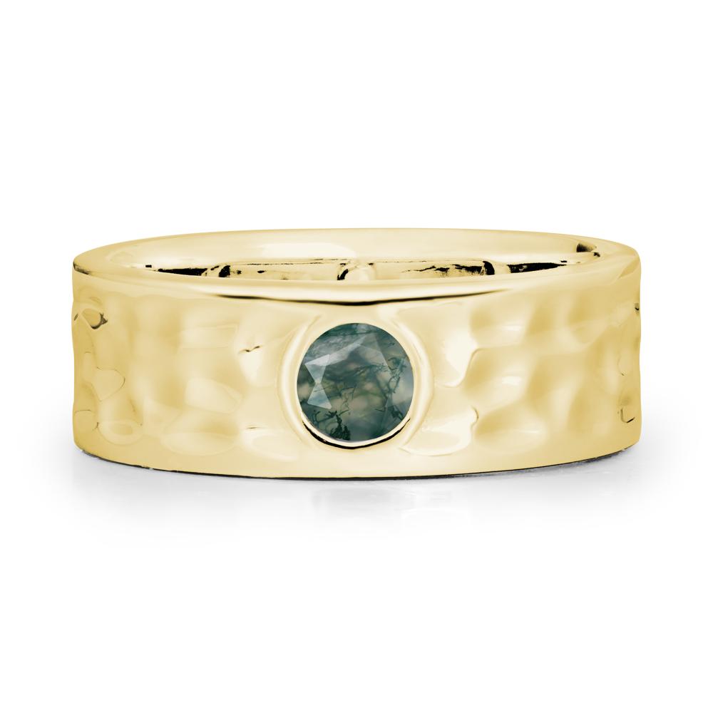 Round Moss Agate Ring In Hammered Wide Band - LUO Jewelry #metal_18k yellow gold