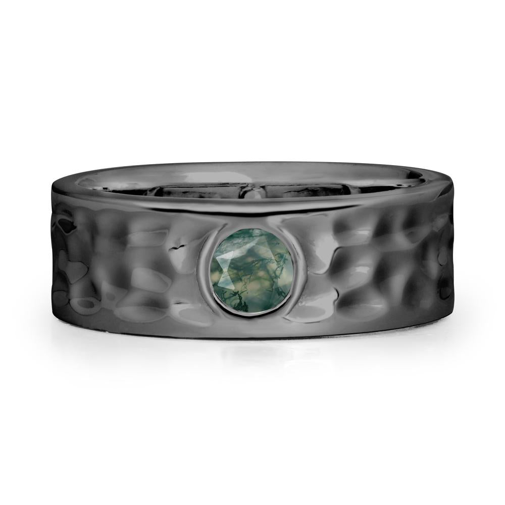 Round Moss Agate Ring In Hammered Wide Band - LUO Jewelry #metal_black finish sterling silver