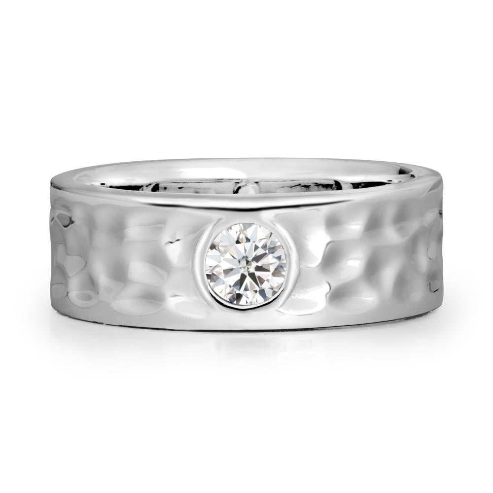Round Moissanite Ring In Hammered Wide Band - LUO Jewelry #metal_14k white gold