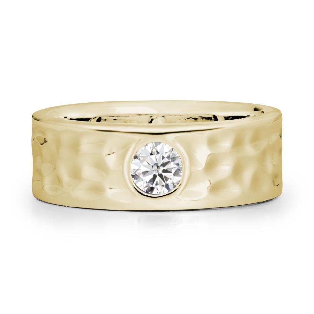 Round Moissanite Ring In Hammered Wide Band - LUO Jewelry #metal_14k yellow gold