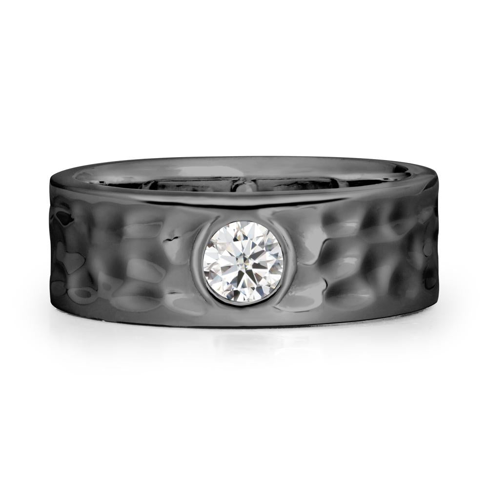 Round Moissanite Ring In Hammered Wide Band - LUO Jewelry #metal_black finish sterling silver