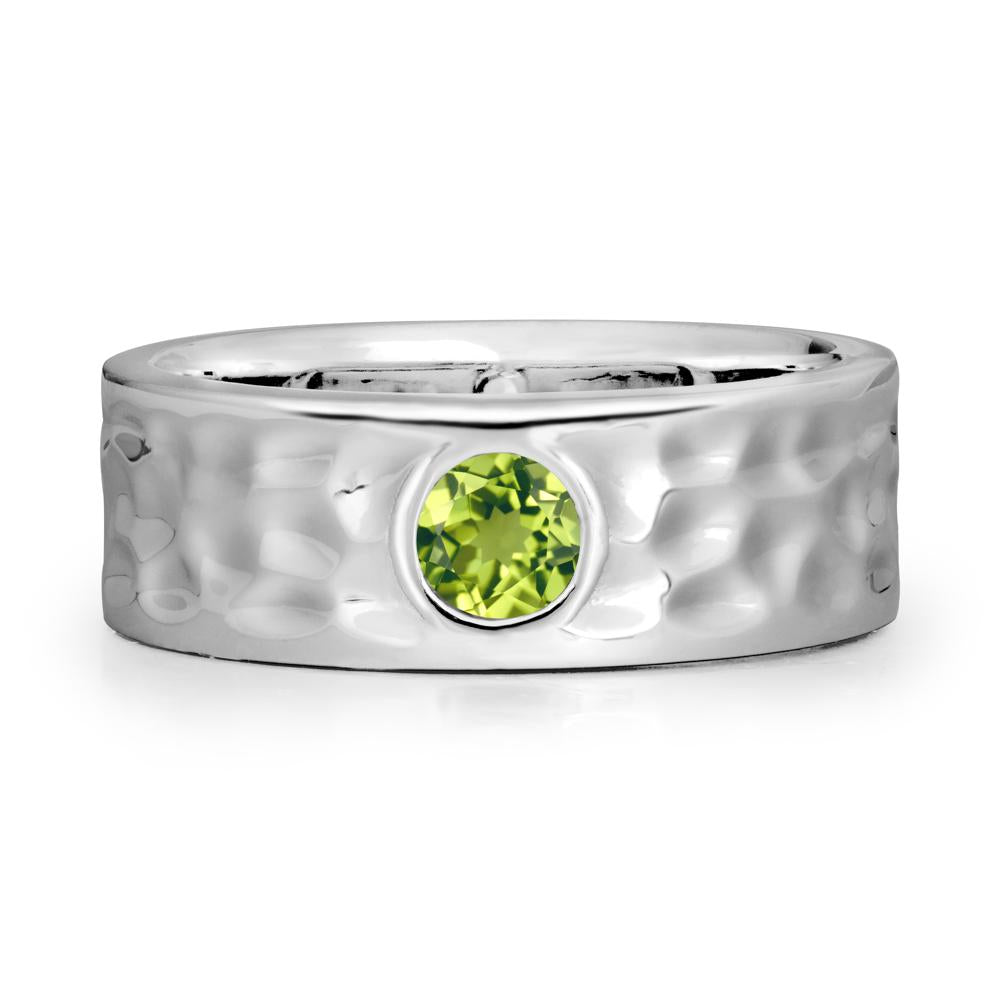 Round Peridot Ring In Hammered Wide Band - LUO Jewelry #metal_18k white gold