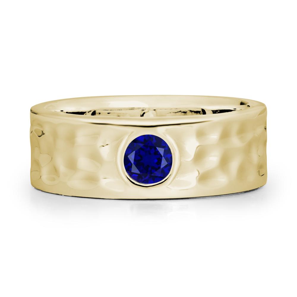 Round Sapphire Ring In Hammered Wide Band - LUO Jewelry #metal_14k yellow gold