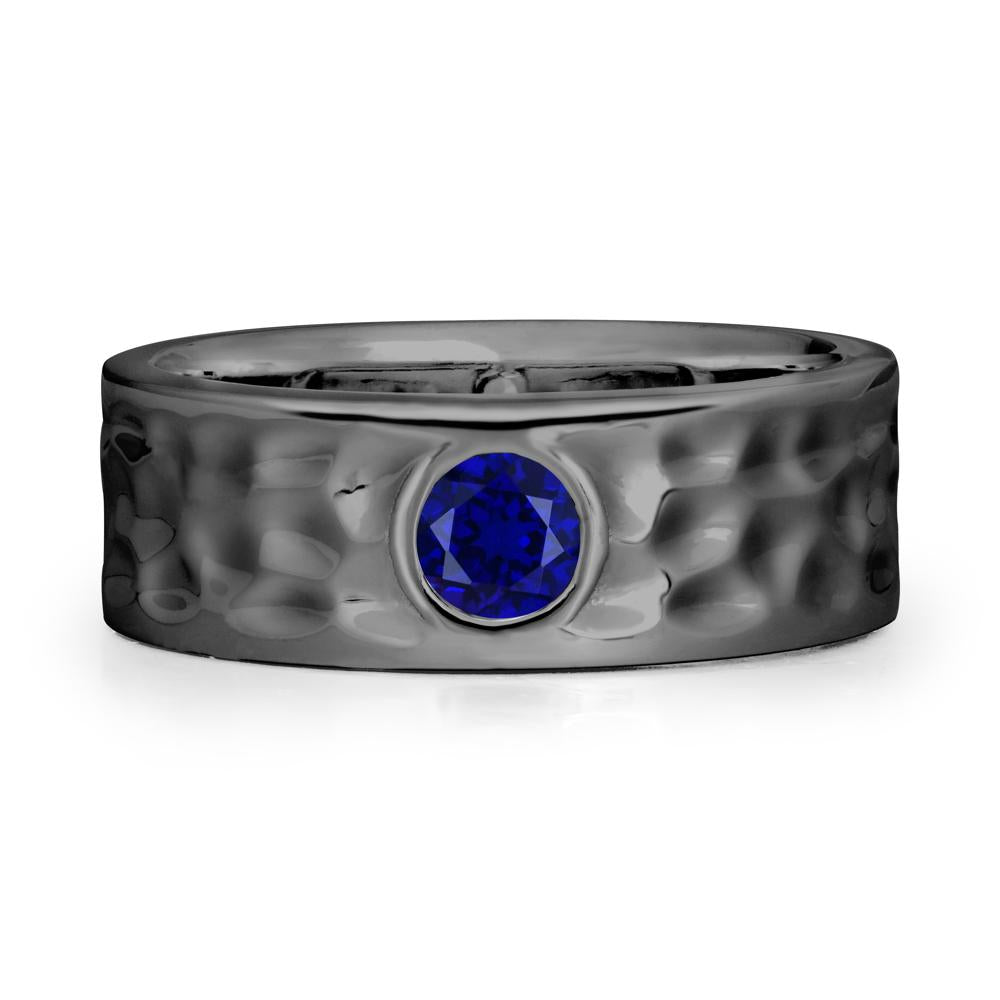 Round Sapphire Ring In Hammered Wide Band - LUO Jewelry #metal_black finish sterling silver