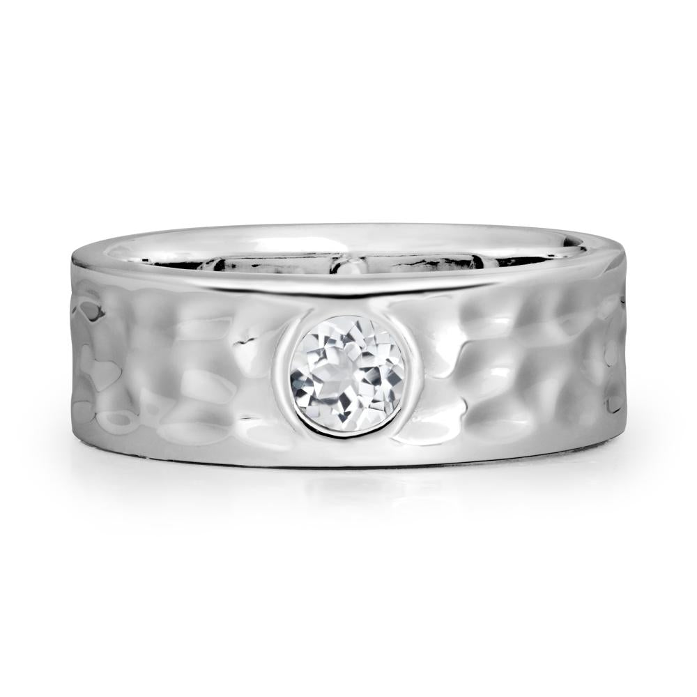 Round White Topaz Ring In Hammered Wide Band - LUO Jewelry #metal_18k white gold