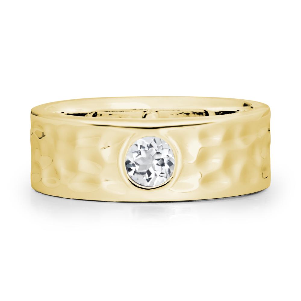 Round White Topaz Ring In Hammered Wide Band - LUO Jewelry #metal_18k yellow gold