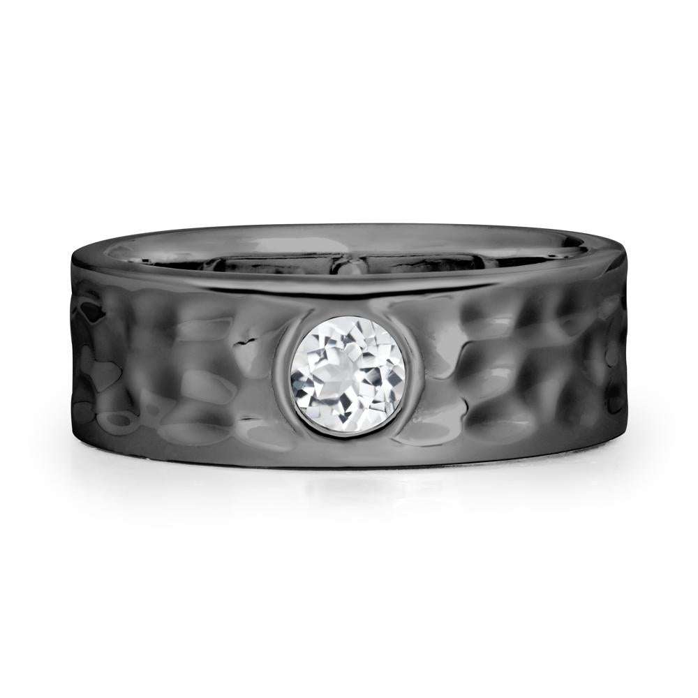 Round White Topaz Ring In Hammered Wide Band - LUO Jewelry #metal_black finish sterling silver