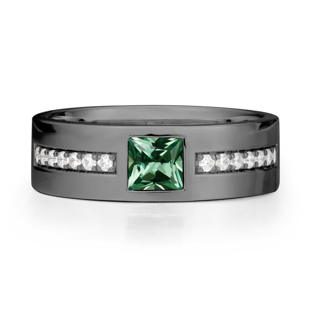 Square Green Sapphire Ring with Pav茅 Gems Band - LUO Jewelry #metal_black finish sterling silver