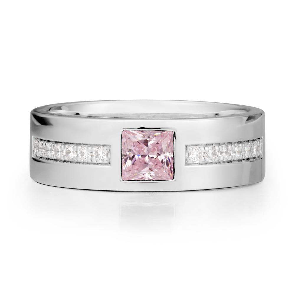 Square Pink Cubic Zirconia Ring with Pav茅 Gems Band - LUO Jewelry #metal_14k white gold