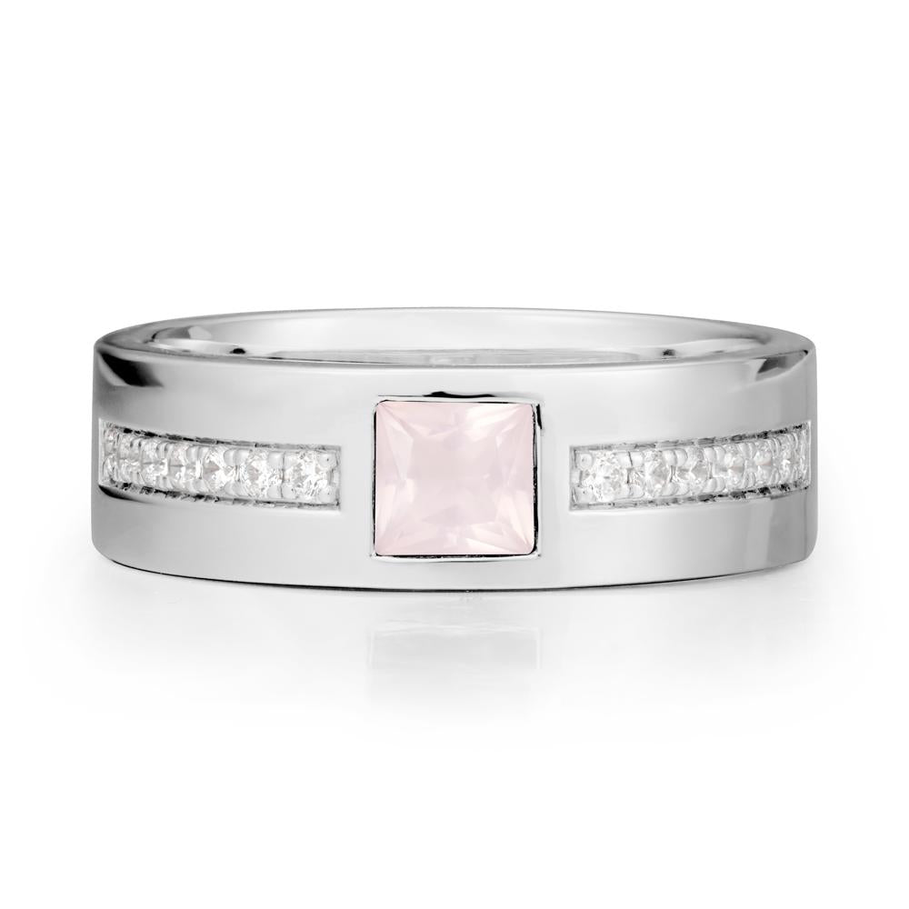 Square Rose Quartz Ring with Pav茅 Gems Band - LUO Jewelry #metal_14k white gold
