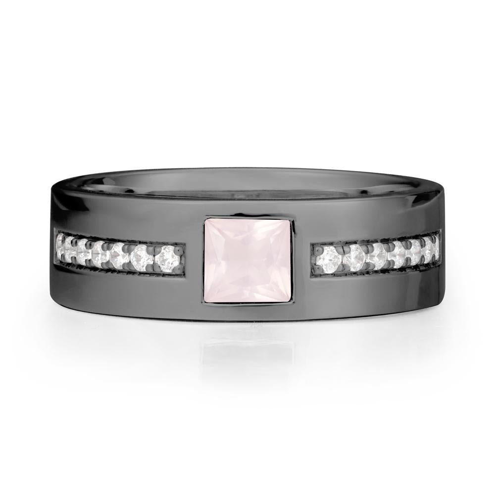 Square Rose Quartz Ring with Pav茅 Gems Band - LUO Jewelry #metal_black finish sterling silver