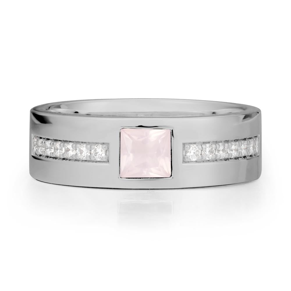 Square Rose Quartz Ring with Pav茅 Gems Band - LUO Jewelry #metal_platinum