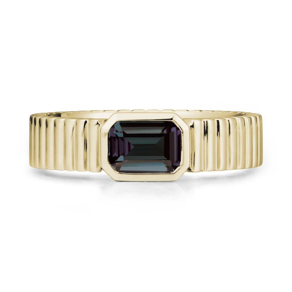 Ribbed Band Emeral Cut Alexandrite Ring - LUO Jewelry #metal_14k yellow gold