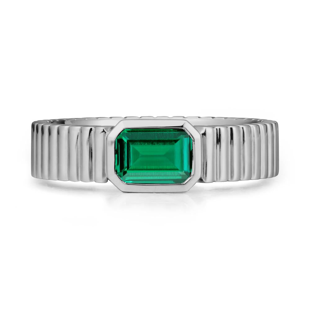 Men Wide Ribbed Band Emerald Ring - LUO Jewelry #metal_platinum
