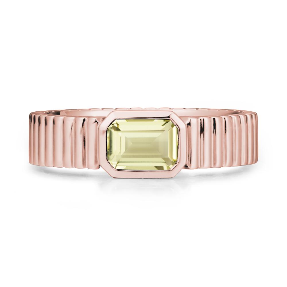 Ribbed Band Emeral Cut Lemon Quartz Ring - LUO Jewelry #metal_18k rose gold
