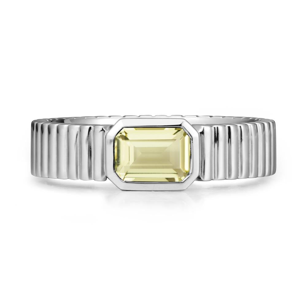 Ribbed Band Emeral Cut Lemon Quartz Ring - LUO Jewelry #metal_18k white gold