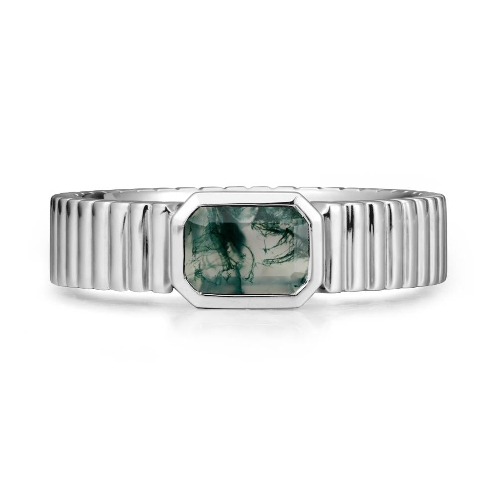 Men Wide Ribbed Band Moss Agate Ring - LUO Jewelry #metal_18k white gold