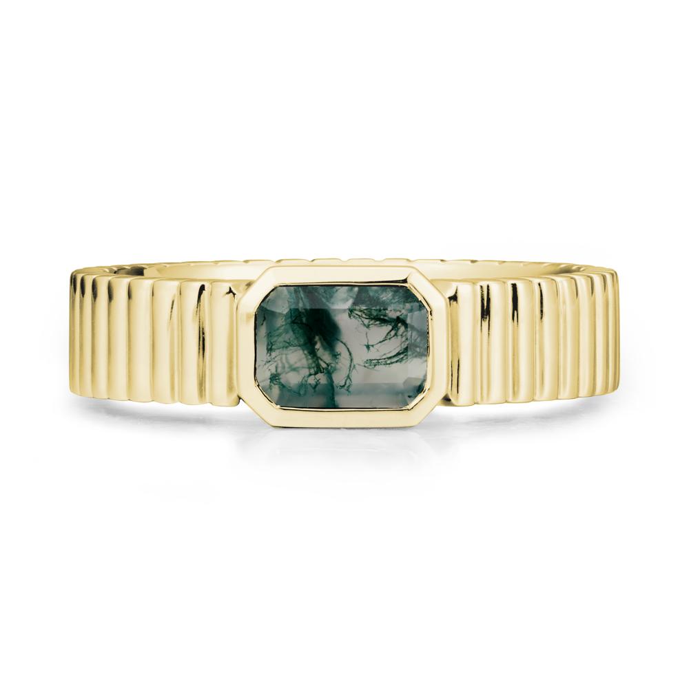 Men Wide Ribbed Band Moss Agate Ring - LUO Jewelry #metal_18k yellow gold
