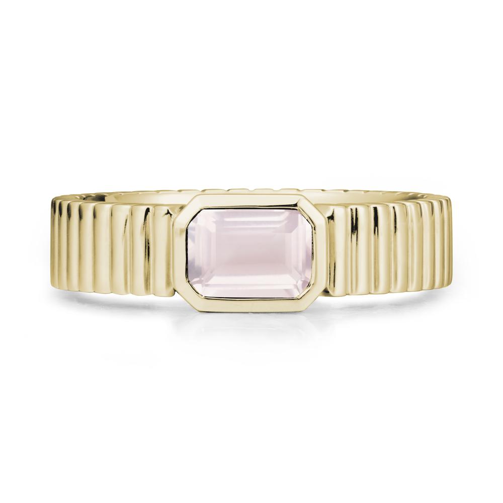 Ribbed Band Emeral Cut Rose Quartz Ring - LUO Jewelry #metal_14k yellow gold