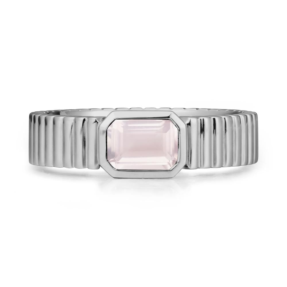 Ribbed Band Emeral Cut Rose Quartz Ring - LUO Jewelry #metal_platinum