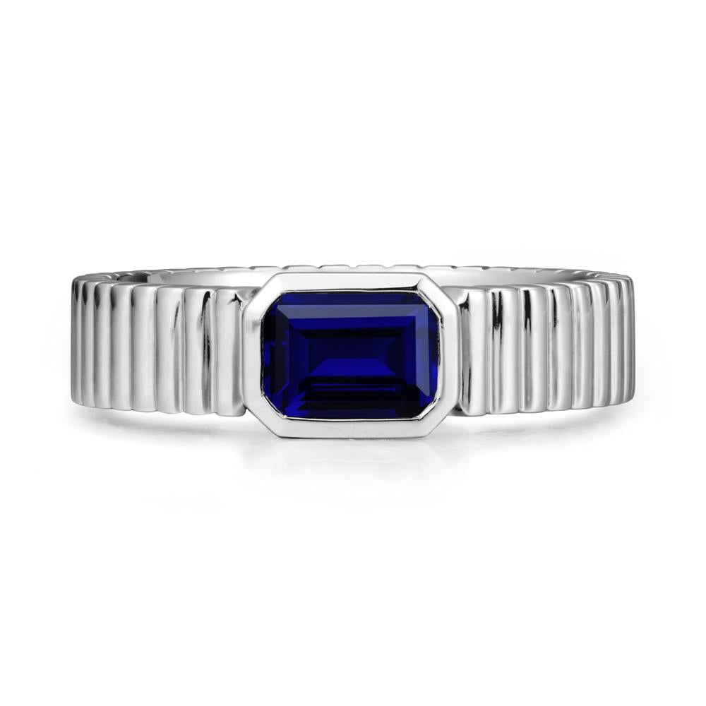 Ribbed Band Emeral Cut Sapphire Ring - LUO Jewelry #metal_18k white gold