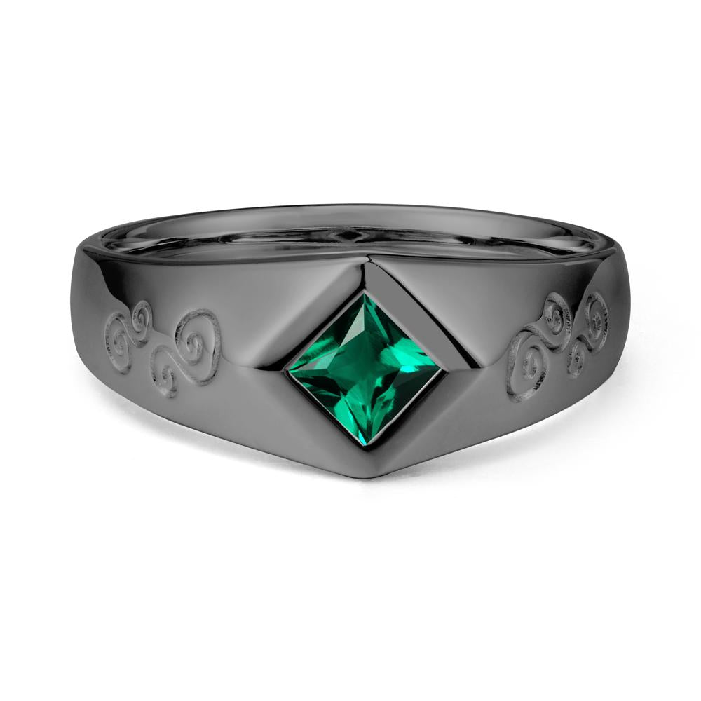Men Emerald Scroll Engraved Ring - LUO Jewelry #metal_black finish sterling silver