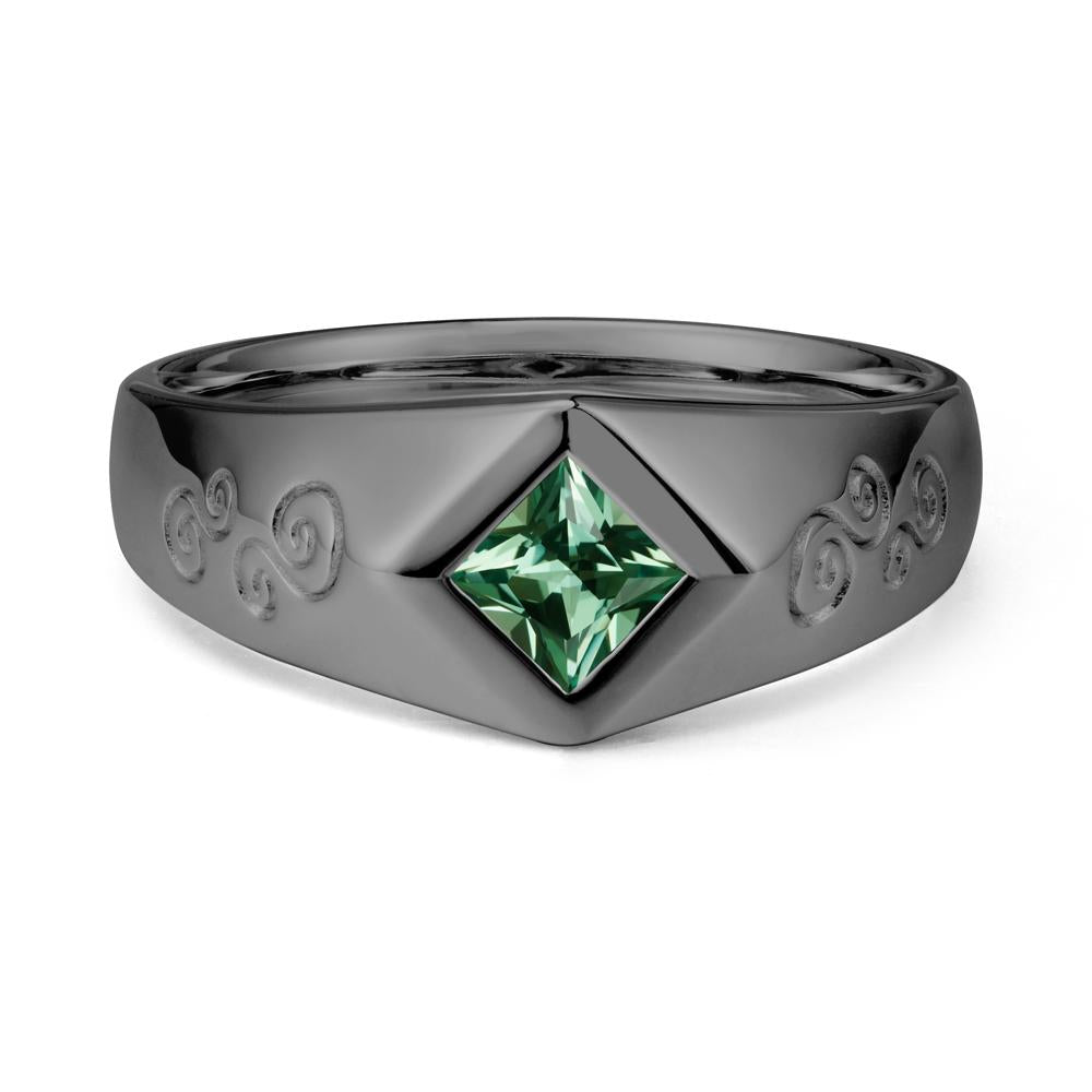 Wide Band Green Sapphire Swirl Engraved Ring - LUO Jewelry #metal_black finish sterling silver