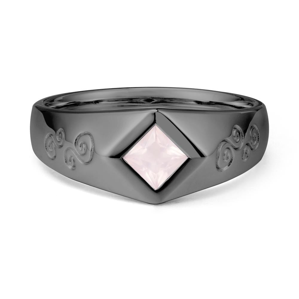 Wide Band Rose Quartz Swirl Engraved Ring - LUO Jewelry #metal_black finish sterling silver