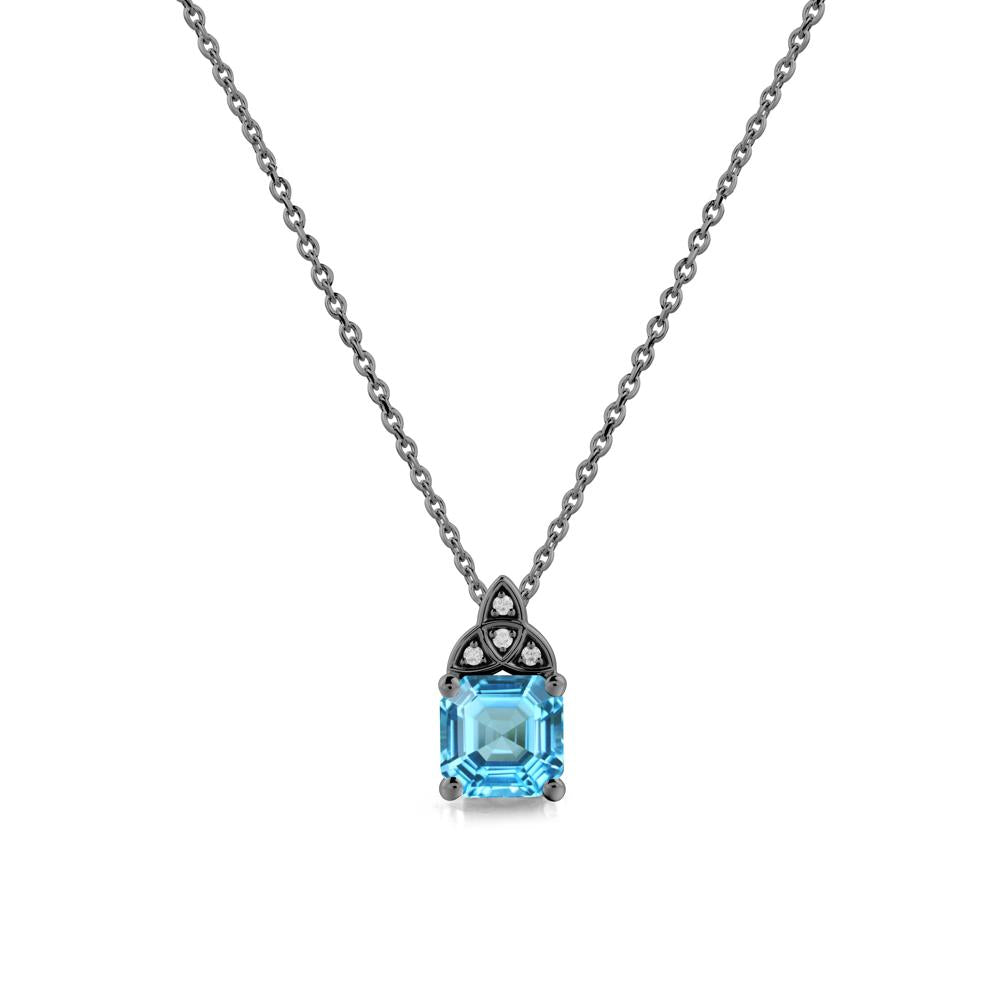 Asscher Cut Swiss Blue Topaz Necklace with Celtic Knot - LUO Jewelry #metal_black finish sterling silver