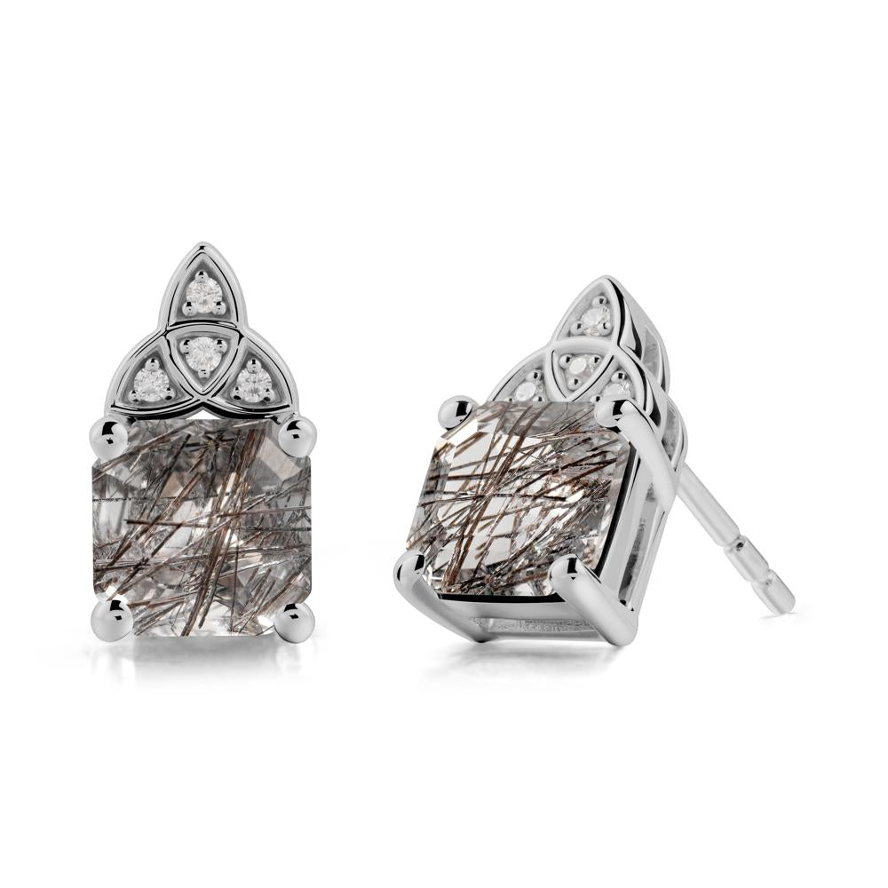 Asscher Cut Black Rutilated Quartz Celtic Knot Earrings - LUO Jewelry #metal_platinum