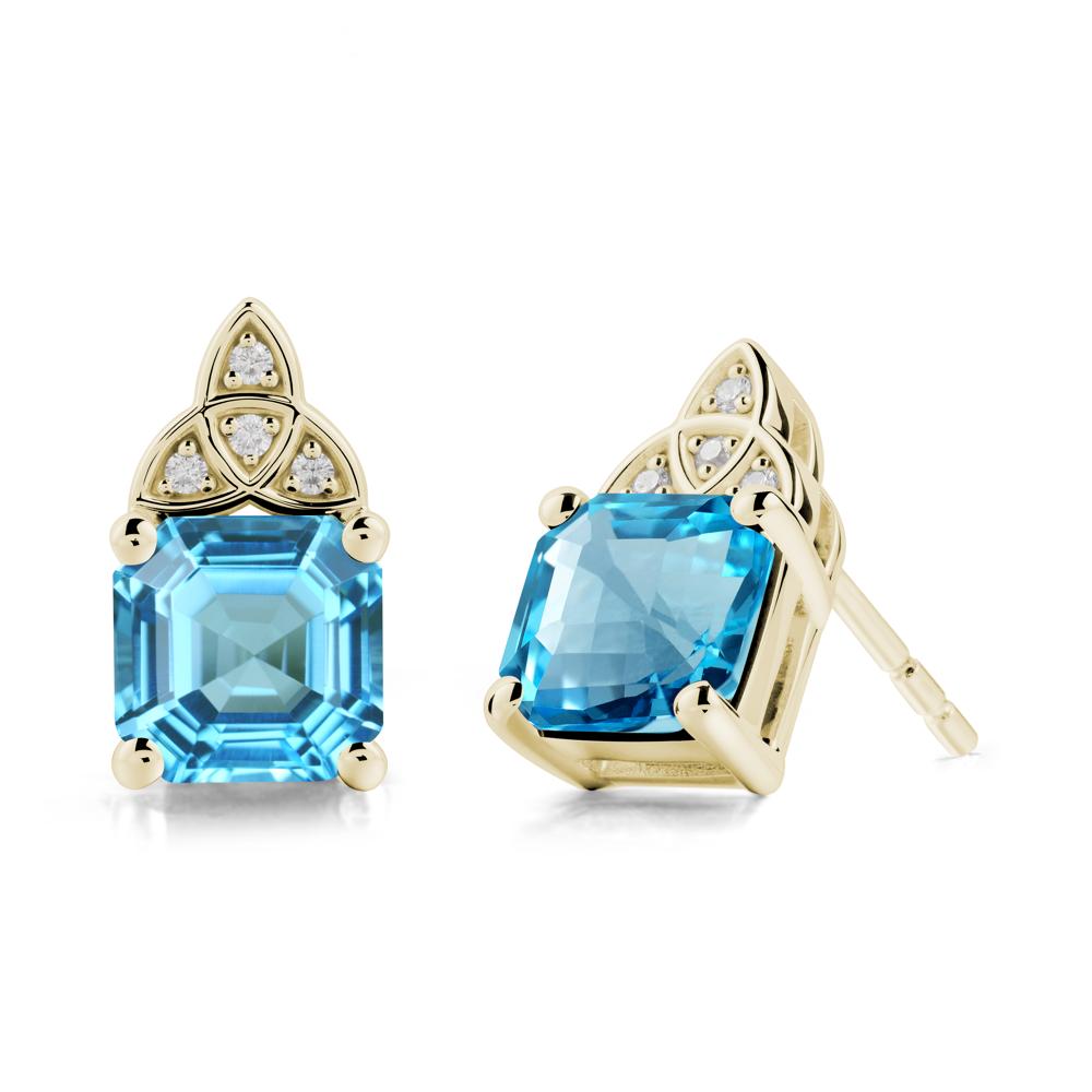 Celtic Knot Asscher Cut Swiss Blue Topaz Earrings - LUO Jewelry #metal_14k yellow gold