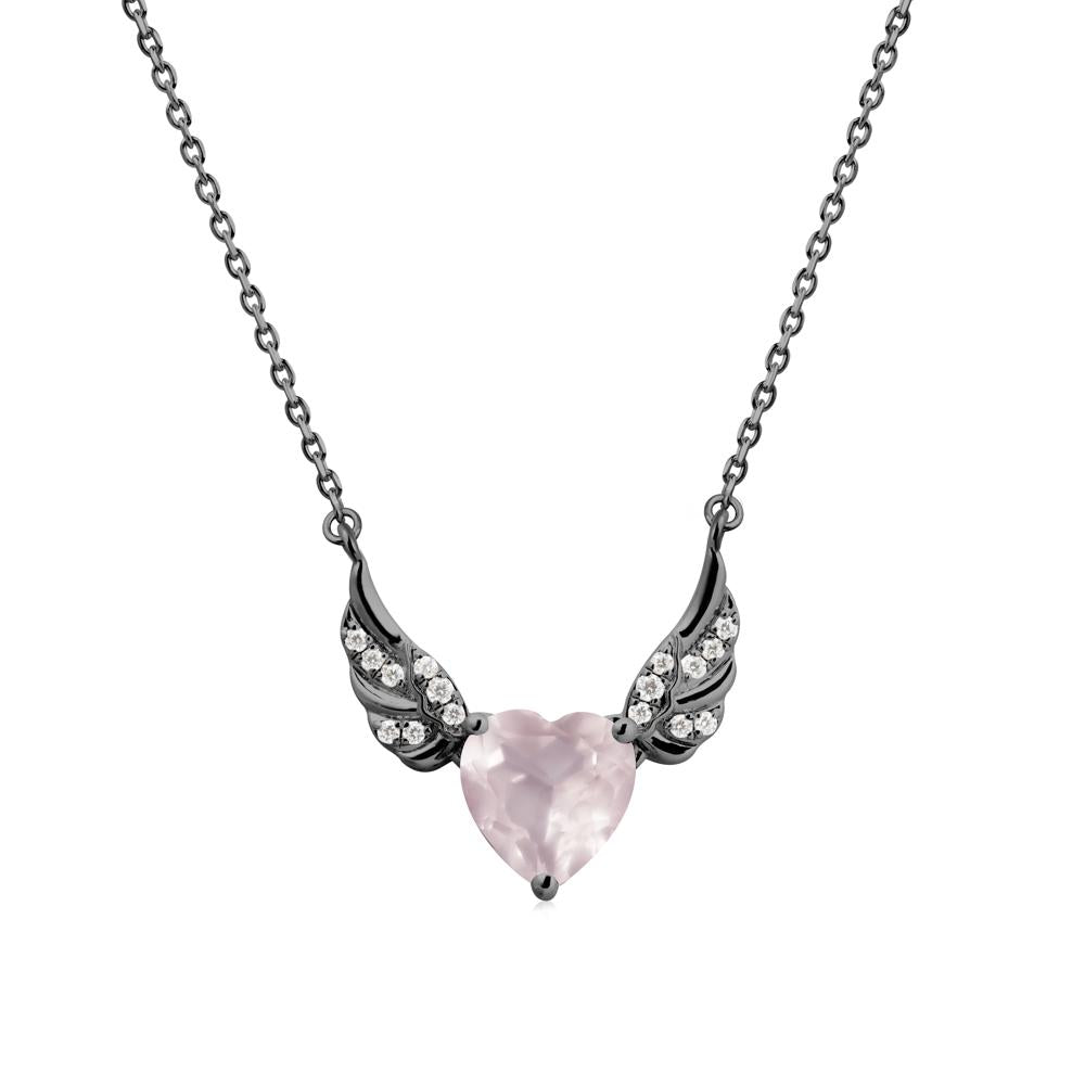 Angel Wing Heart Shaped Rose Quartz Necklace - LUO Jewelry #metal_black finish sterling silver