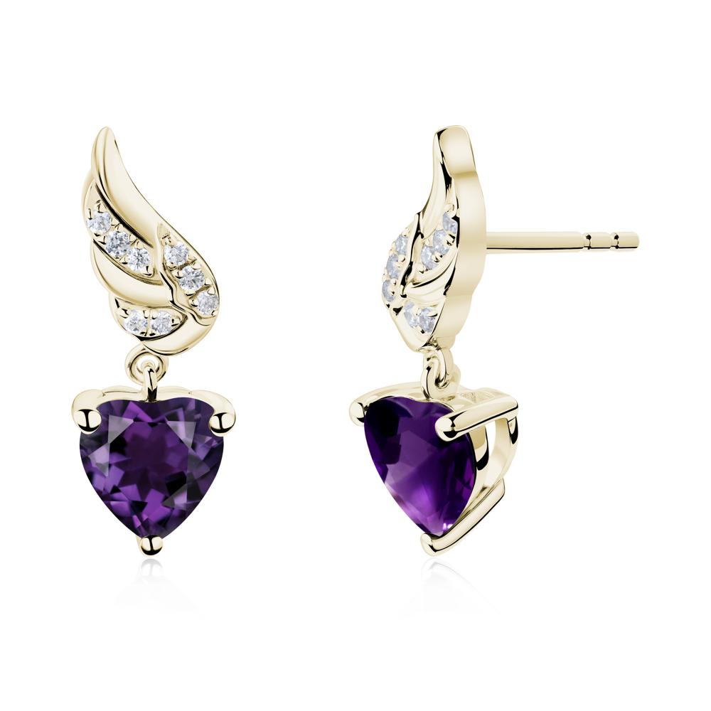 Angel Wing Heart Shaped Amethyst Stud Earrings - LUO Jewelry #metal_14k yellow gold