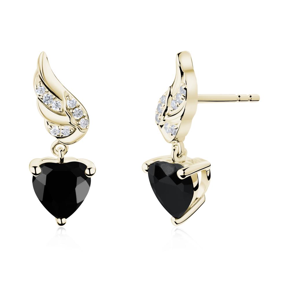 Winged Heart Shaped Black Spinel Stud Earrings - LUO Jewelry #metal_14k yellow gold