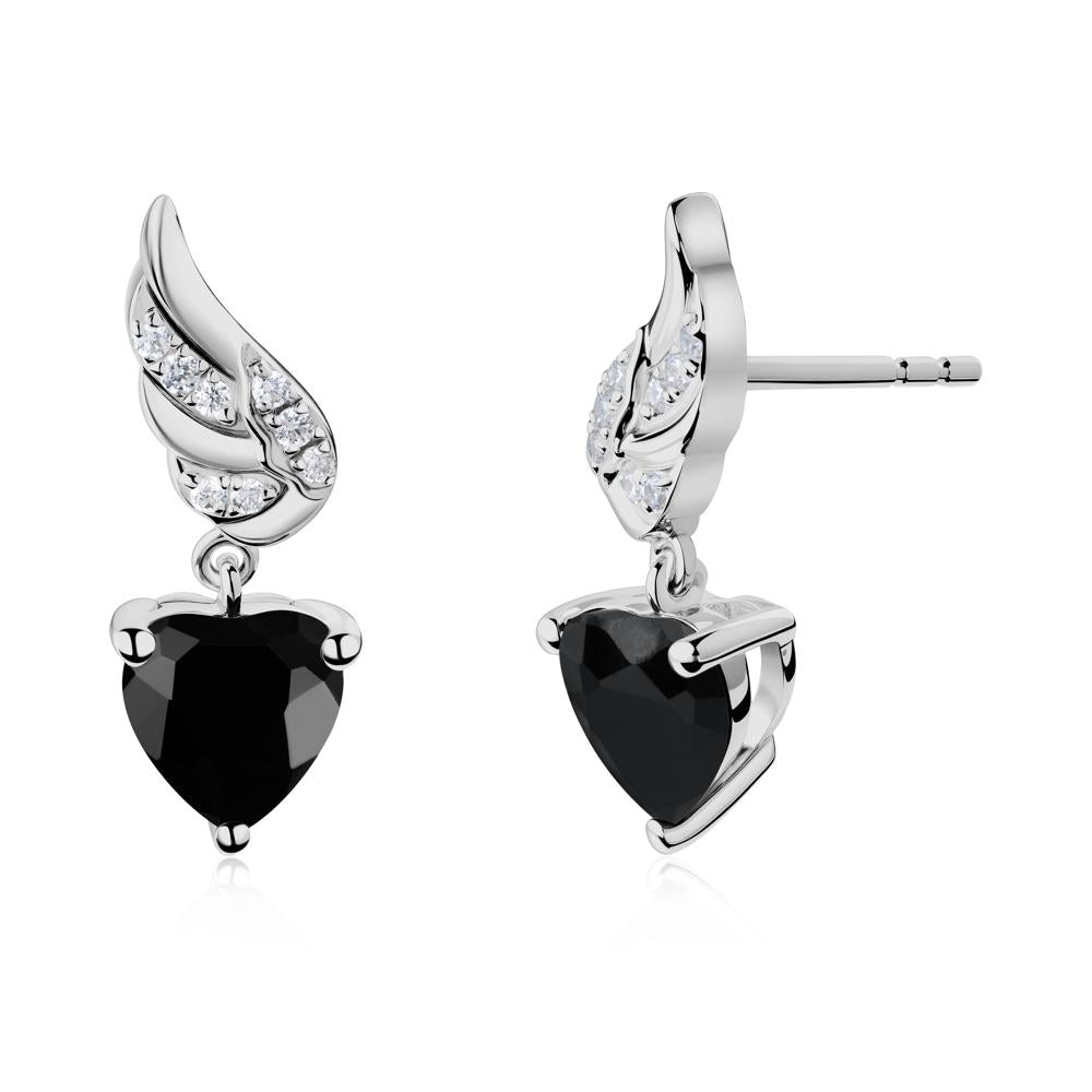 Winged Heart Shaped Black Spinel Stud Earrings - LUO Jewelry #metal_platinum