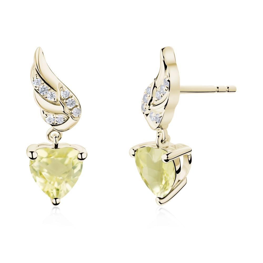 Angel Wing Heart Shaped Lemon Quartz Stud Earrings - LUO Jewelry #metal_14k yellow gold
