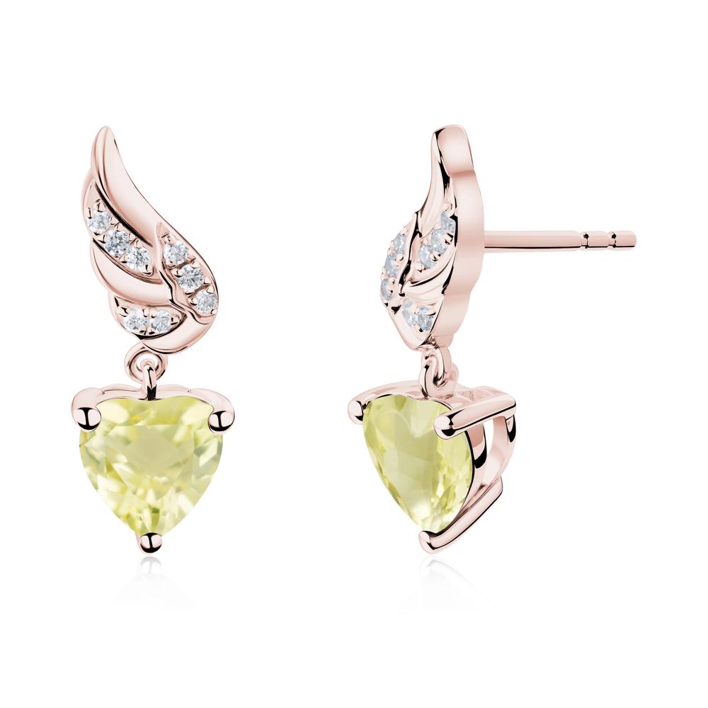 Angel Wing Heart Shaped Lemon Quartz Stud Earrings - LUO Jewelry #metal_18k rose gold