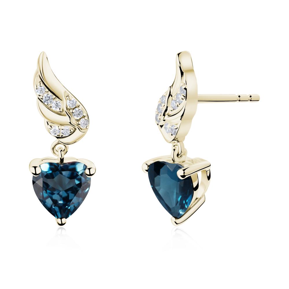 Angel Wing Heart Shaped London Blue Topaz Stud Earrings - LUO Jewelry #metal_14k yellow gold
