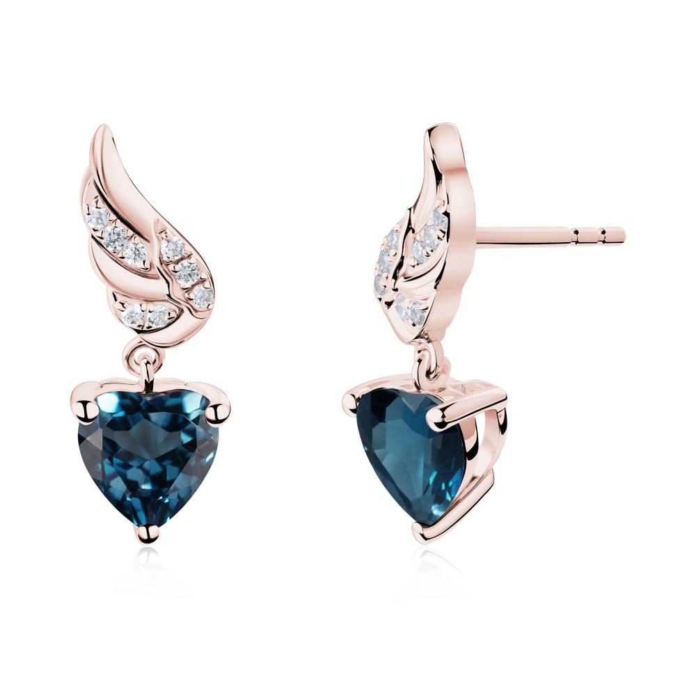 Angel Wing Heart Shaped London Blue Topaz Stud Earrings - LUO Jewelry #metal_18k rose gold
