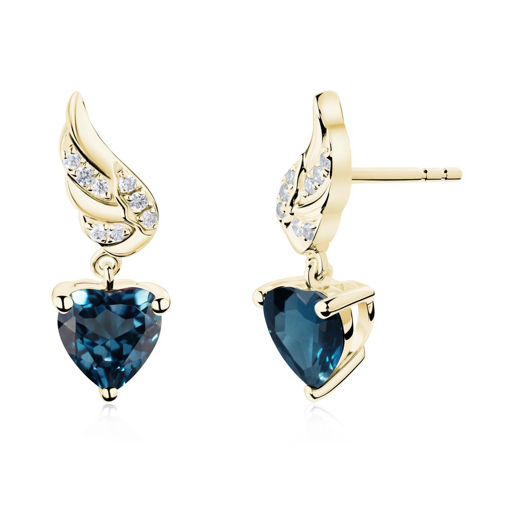 Angel Wing Heart Shaped London Blue Topaz Stud Earrings - LUO Jewelry #metal_18k yellow gold