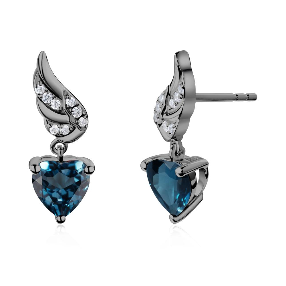 Angel Wing Heart Shaped London Blue Topaz Stud Earrings - LUO Jewelry #metal_black finish sterling silver