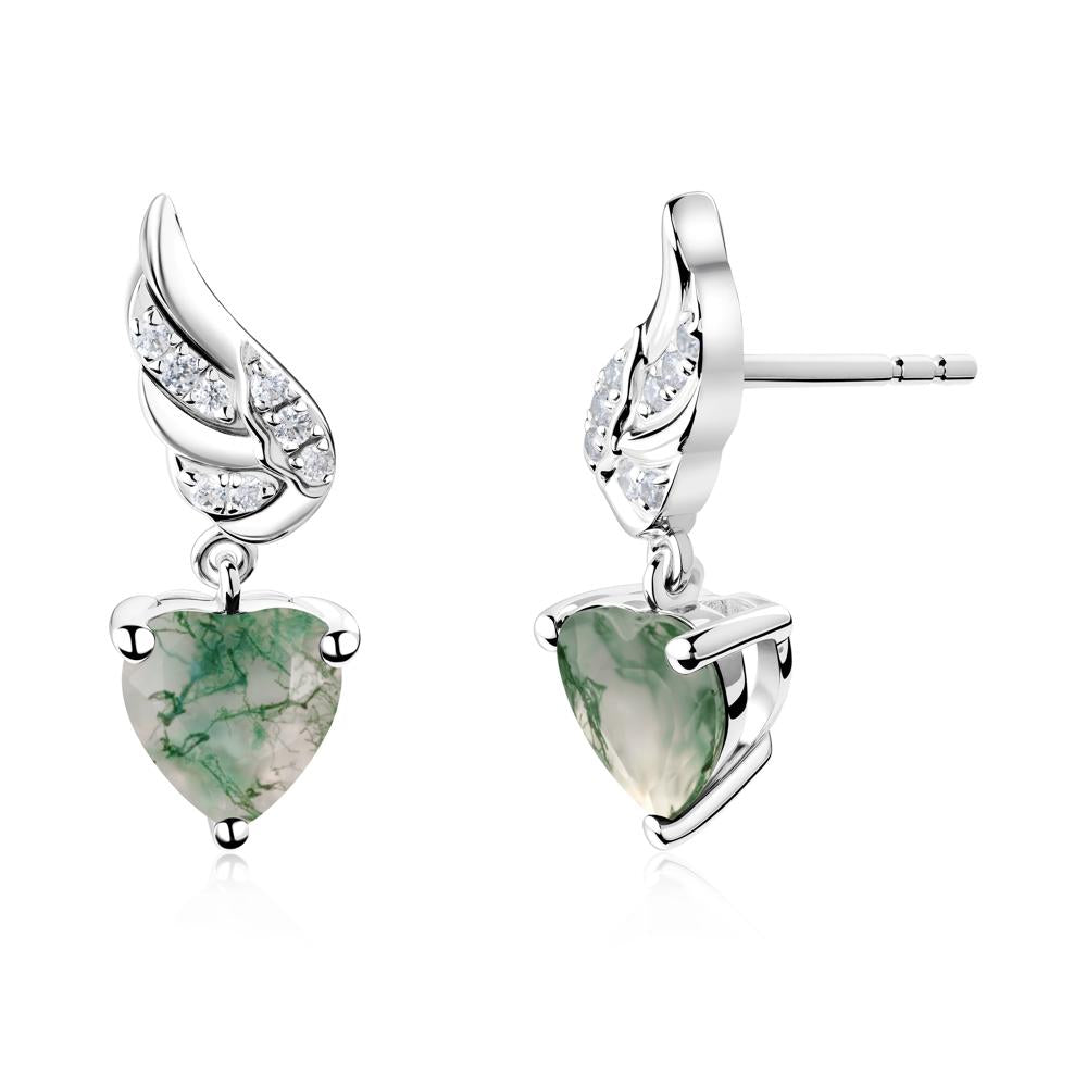 Angel Wing Heart Shaped Moss Agate Stud Earrings - LUO Jewelry #metal_18k white gold