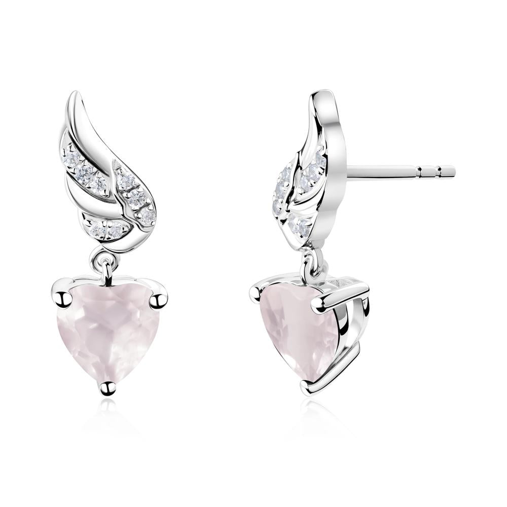 Angel Wing Heart Shaped Rose Quartz Stud Earrings - LUO Jewelry #metal_18k white gold